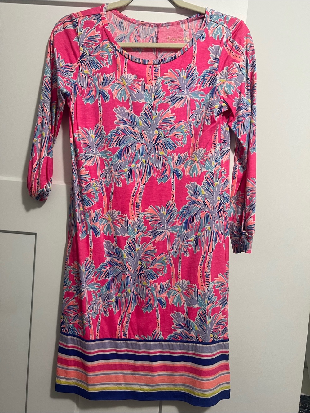 Pink Palm-Print Shift Dress with Striped Hem - Lilly Pulitzer